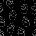 Dark seamless pattern with cupcakes. Vector hand drawn Illustration. Line art style dessert isolated on black background. Royalty Free Stock Photo
